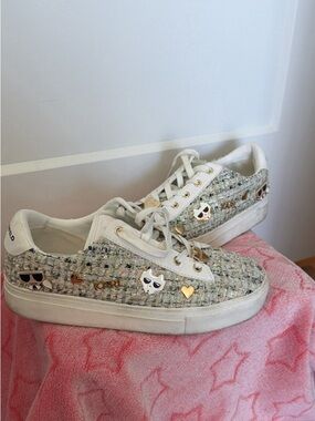Karl Lagerfeld White Tweed Sneakers with Gold Accents